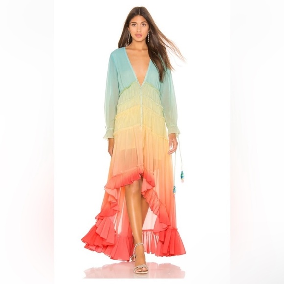 Linjia Shop High Low Ruffled Rainbow Colorful Boho Maxi Dress - Picture 3 of 9